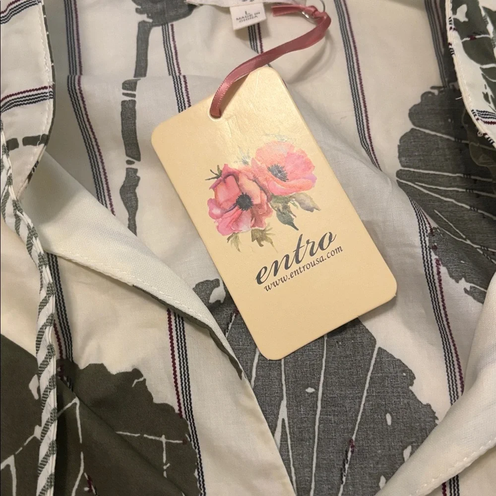 Entro Olive Green Floral Striped Piping Puff Sleeve Babydoll Mini Dress SZ L NWT - Picture 4 of 12